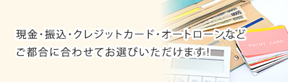 現金・振込・クレジットカード・オートローンなどご都合に合わせてお選びいただけます！